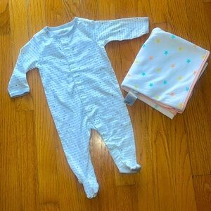 Soft Star-Print Receiving Blanket & 03-M Footies — Both Brand NEW never …